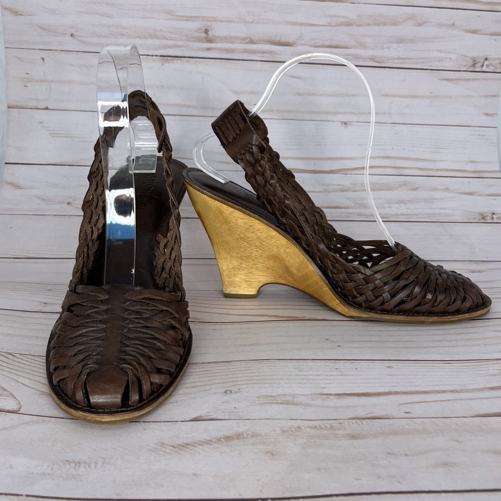 MICHAEL KORS Brown Leather Huarache Wedge Heels 10